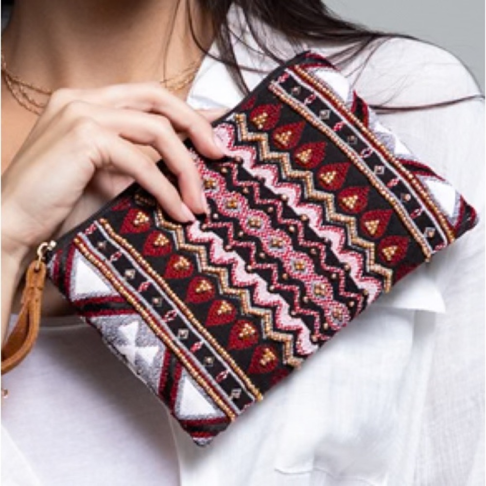 Western Bohemian Handbeaded Clutch Burgundy NWT